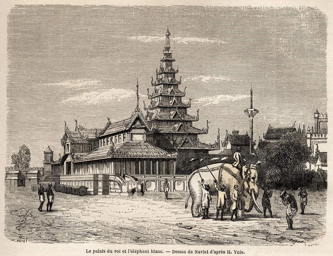 Palasset til kongen av Ava, i Amarapoura (dagens Burma), tegning av Navlet for å illustrere reisen til kongeriket Ava, i 1855, til kaptein Henri Yule av kroppen til den bengalske ånden. Gravering i "" Le tour du monde, nouveau journal des voya av Joseph Navlet