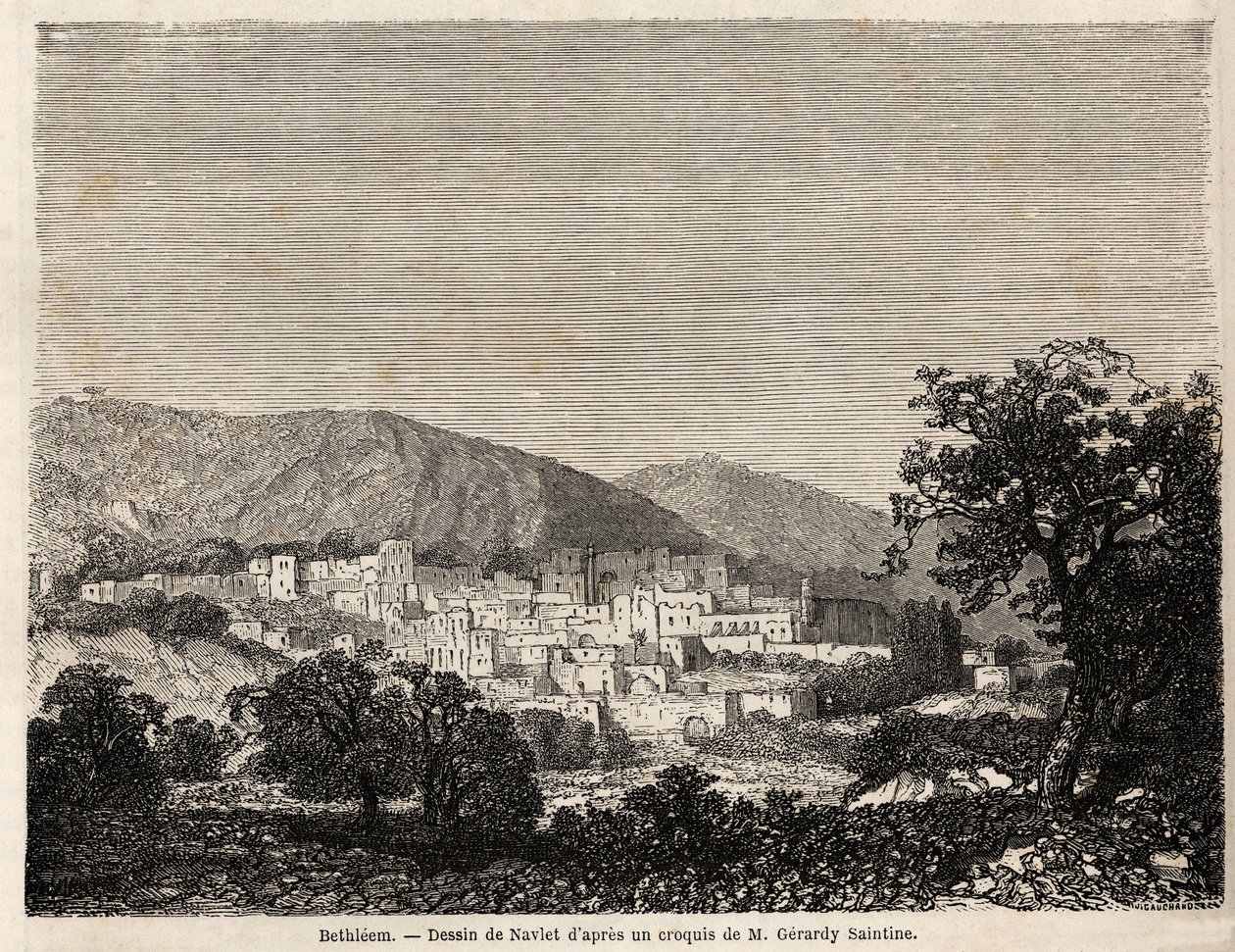 Utsikt over Betlehem, tegning av Joseph Navlet (1821-1889), for å illustrere Mr. Bidas reise til Palestina i 1856. Gravering i "" Le tour du monde, nouveau journal des voyages"" Paris av Joseph Navlet