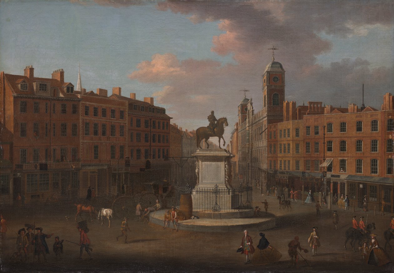 Charing Cross, med statuen av kong Charles I og Northumberland House av Joseph Nickolls