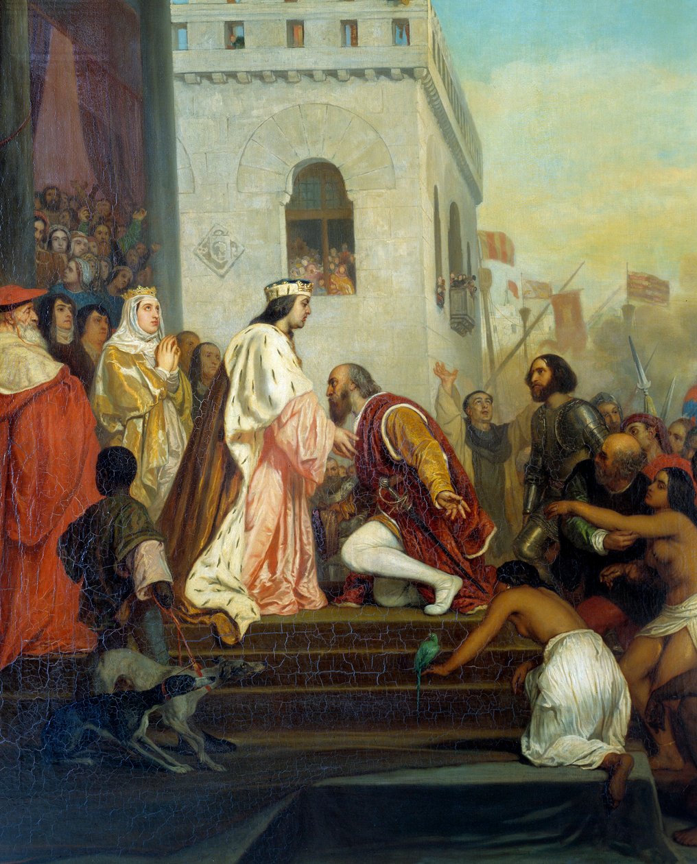 Mottakelse av Christopher Columbus (1451-1506) av kongene av Spania Ferdinand II av Aragon og Isabella 1. av Castilla (kalt katolikken) i Barcelona i 1493. Oppdageren kommer tilbake med fangede indianere. Detalj. Maleri av Joseph Nicolas Robert Fleury (1 av Joseph Nicolas Robert Fleury