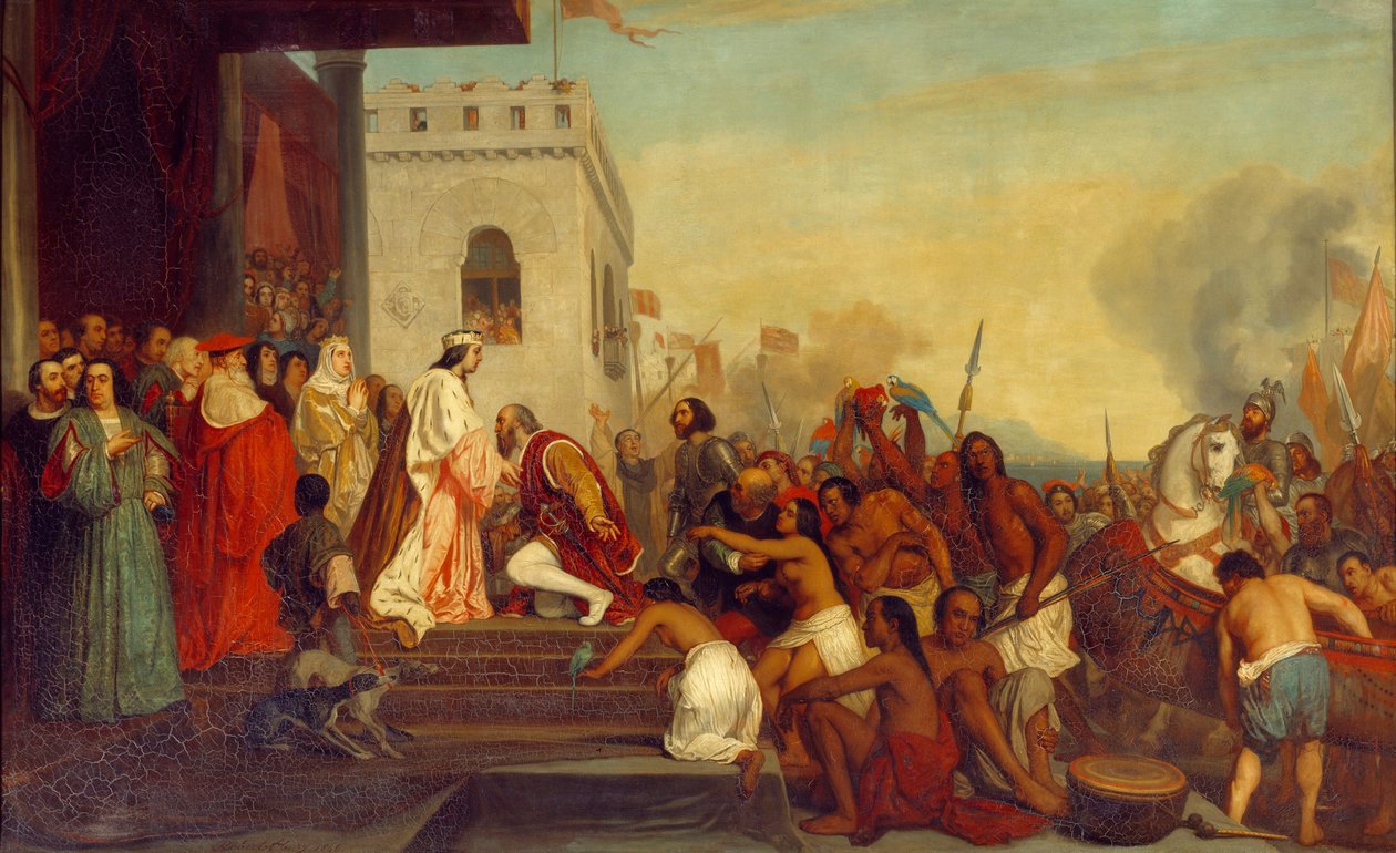 Mottakelse av Christopher Columbus (1451-1506) av kongene av Spania Ferdinand II av Aragon og Isabella 1. av Castilla (kalt katolikken) i Barcelona i 1493. Oppdageren kommer tilbake med fangede indianere. Maleri av Joseph Nicolas Robert Fleury (1797-1890 av Joseph Nicolas Robert Fleury