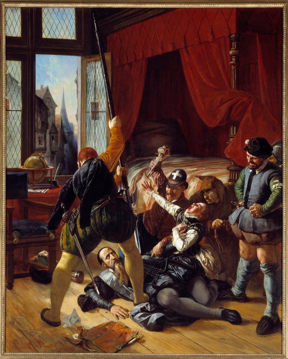 Religionskrig: "" Scene de la Saint Barthelemy, attentat mot Briou, guvernør for prinsen av Conti, 24.08.1572"" Maleri av Joseph Nicolas Robert Fleury (1797-1890) 1833 Søn. 1,64x1,3 m av Joseph Nicolas Robert Fleury