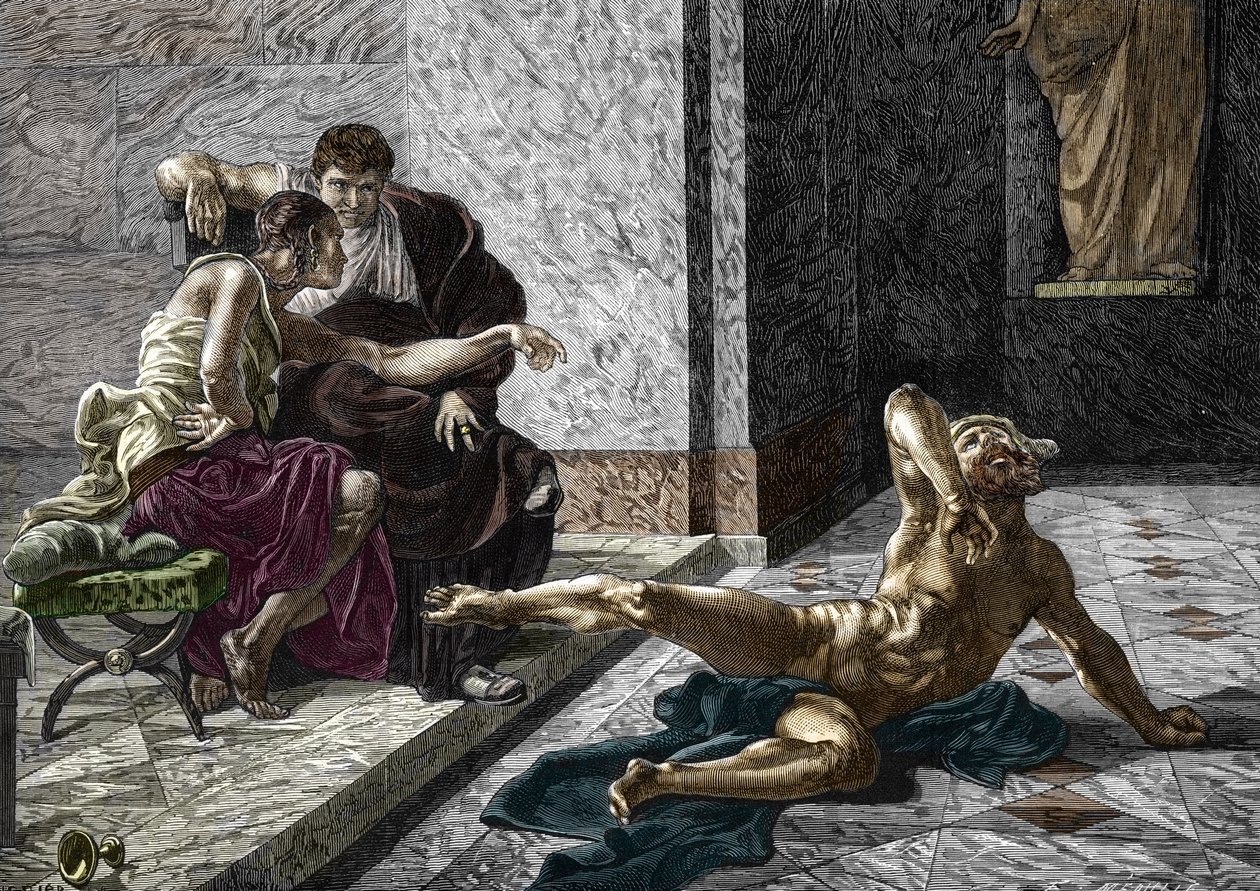Representasjon av den romerske giften Locust prøver ved siden av keiser Nero (37-68) en gift beregnet på broren Britannicus (41-55) på en av slavene hans, 55 Gravering etter et maleri av Joseph-Noel Sylvestre (1847-1926) ) 1876 (romersk forgiftning Locus av Joseph Noel (after) Sylvestre