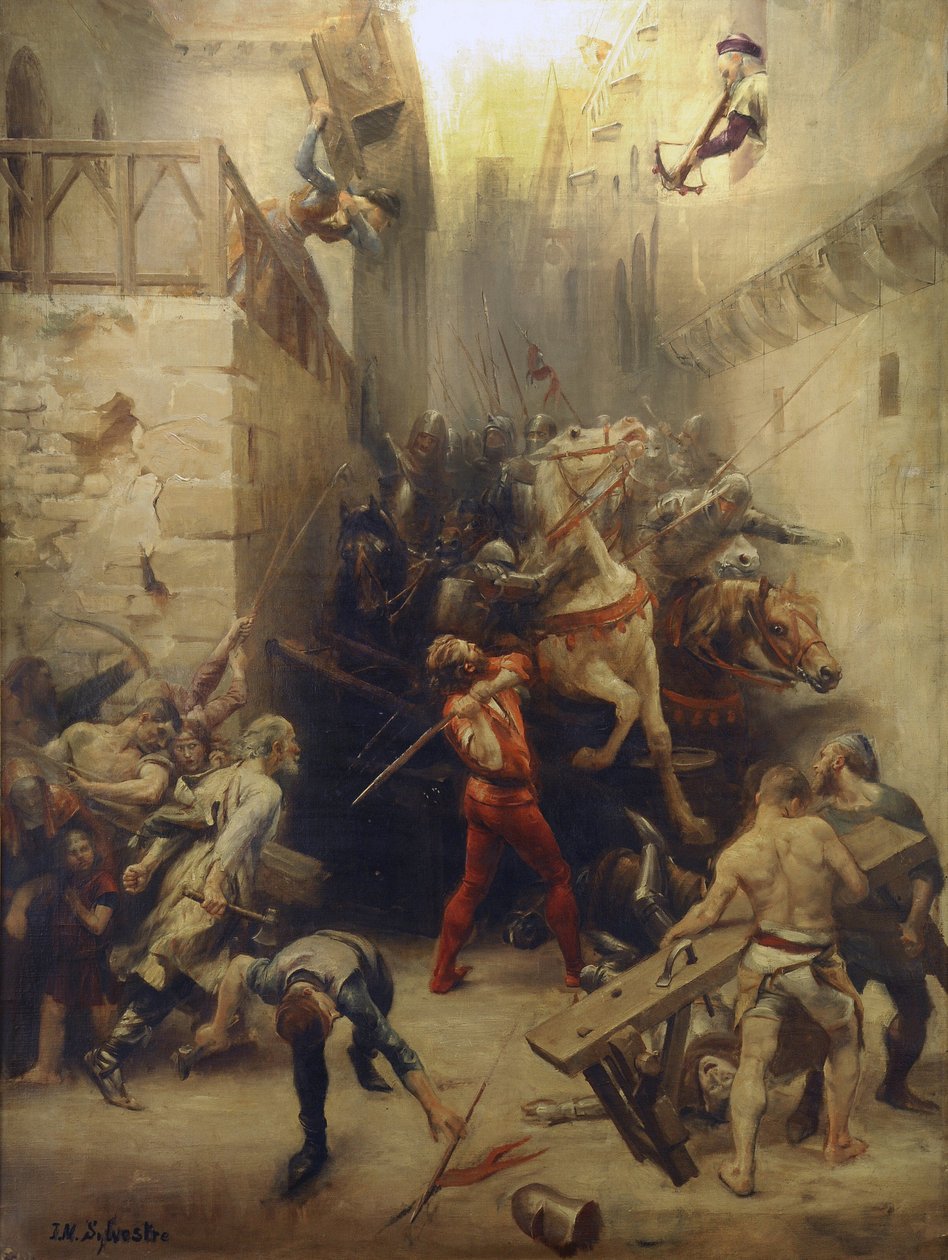 The Bag of Beziers i 1209: Innbyggerne i Beziers prøver å forhindre inntreden i byen til soldatene fra den franske hæren av Joseph Noel Sylvestre