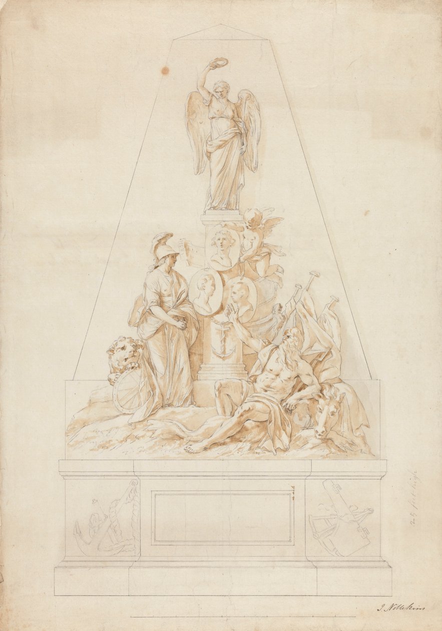 Studie for monumentet til sjøkapteinene William Bayne, William Blair og Lord Robert Manner av Joseph Nollekens