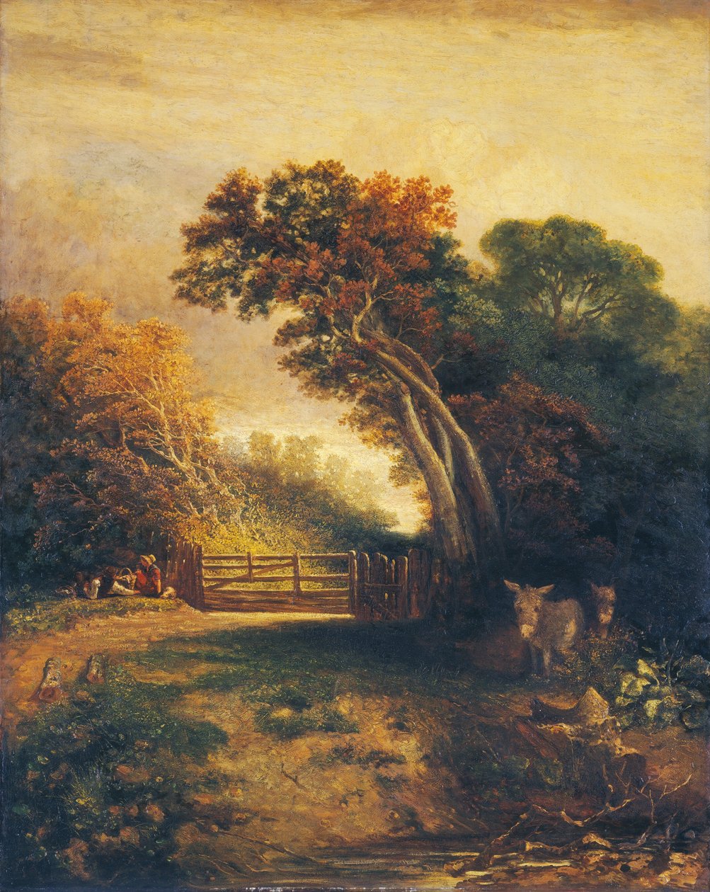 Landskap med piknikere og esler ved en port, ca. 1830-1880. av Joseph Paul