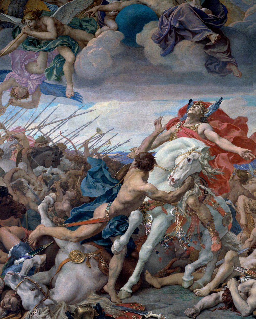 Clovis ønske til slaget ved Tolbiac. I 496 lovte Clovis I, frankernes konge, å konvertere til kristendommen hvis han vant slaget ved Tolbiac (Zulpich) nær Köln mot Alamanerne. Maleri av Joseph Blanc (1846 - 1904) av Joseph Paul Blanc