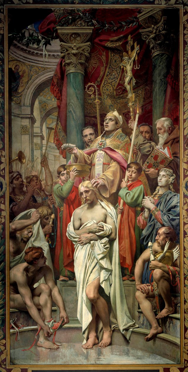 Dåpen av kongen av frankene Clovis I (466-511) i Reims av Eveque Saint Remi den 25/12/496 (eller 499). Maleri av Joseph Blanc (1846-1904) Paris fra 1800-tallet, Pantheon av Joseph Paul Blanc