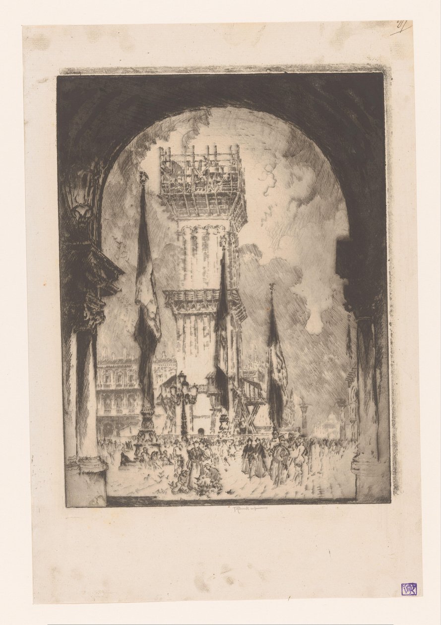 Venice Campanile under bygging Gjenoppbygging av Campanile, nr. Jeg av Joseph Pennell (signed by artist)