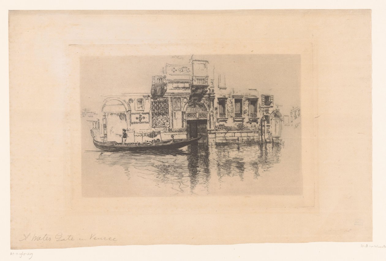 Gondol på en kanal En vannport i Venezia (tittel på objekt) av Joseph Pennell (signed by artist)