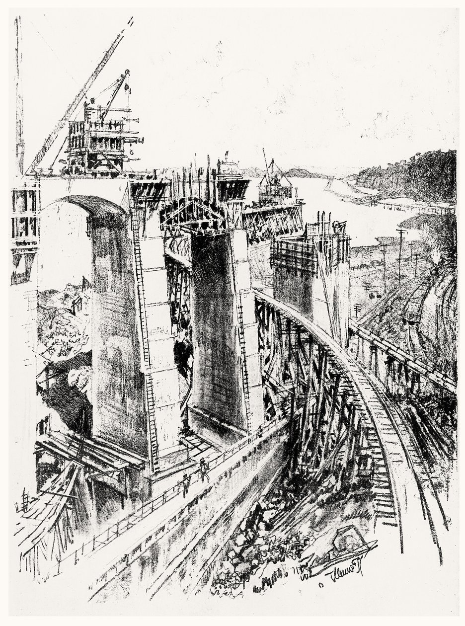 Approaches to the Gatun Lock, plate VI fra Panamakanalen av Joseph Pennell, 1912 (kull på papir) av Joseph Pennell