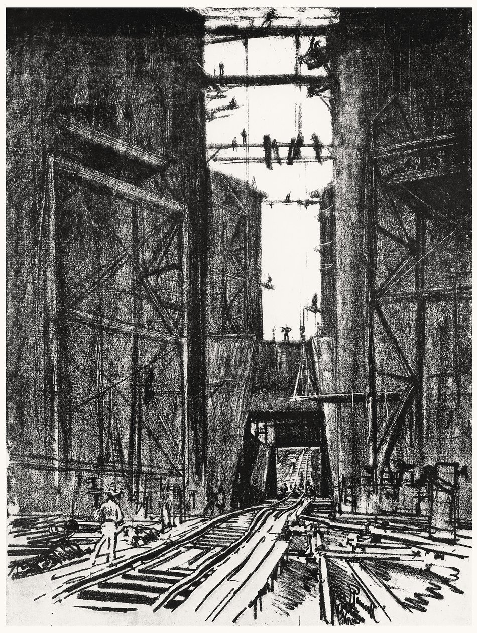 På bunnen av Gatun-slusen, plate IV fra Panamakanalen av Joseph Pennell, 1912 (kull på papir) av Joseph Pennell