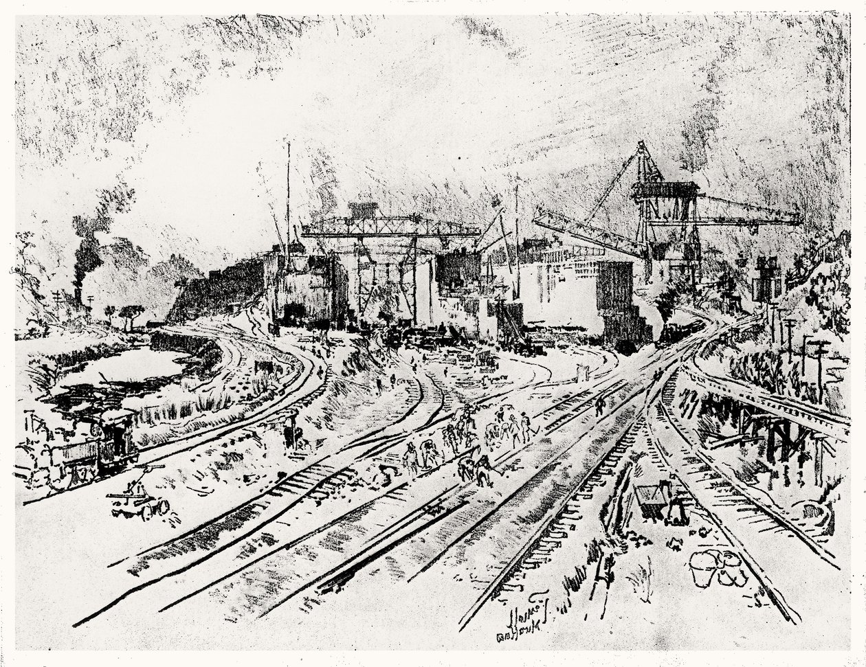 Building Miraflores Lock, plate XXI fra Panamakanalen av Joseph Pennell, 1912 (kull på papir) av Joseph Pennell