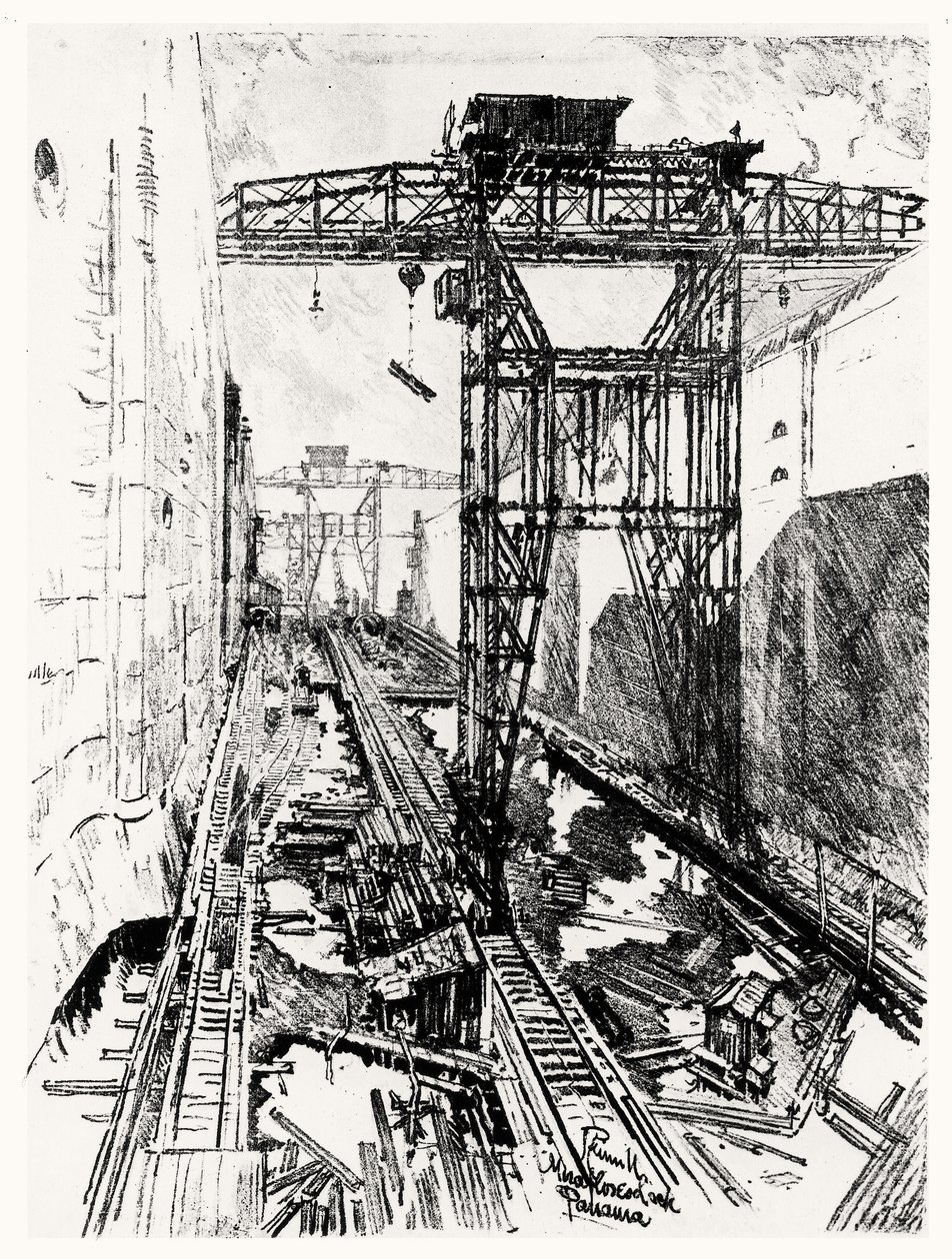 Kraner ved Miraflores-slusen, plate XXII fra Panamakanalen av Joseph Pennell, 1912 (kull på papir) av Joseph Pennell