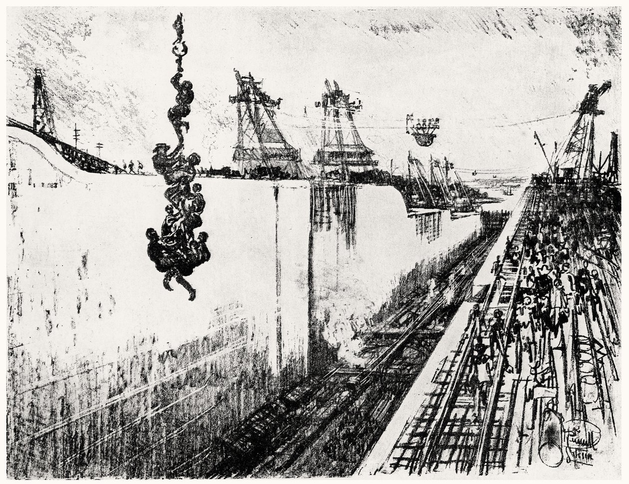 Middagstid på Gatun, tallerken III fra Panamakanalen av Joseph Pennell, 1912 (kull på papir) av Joseph Pennell