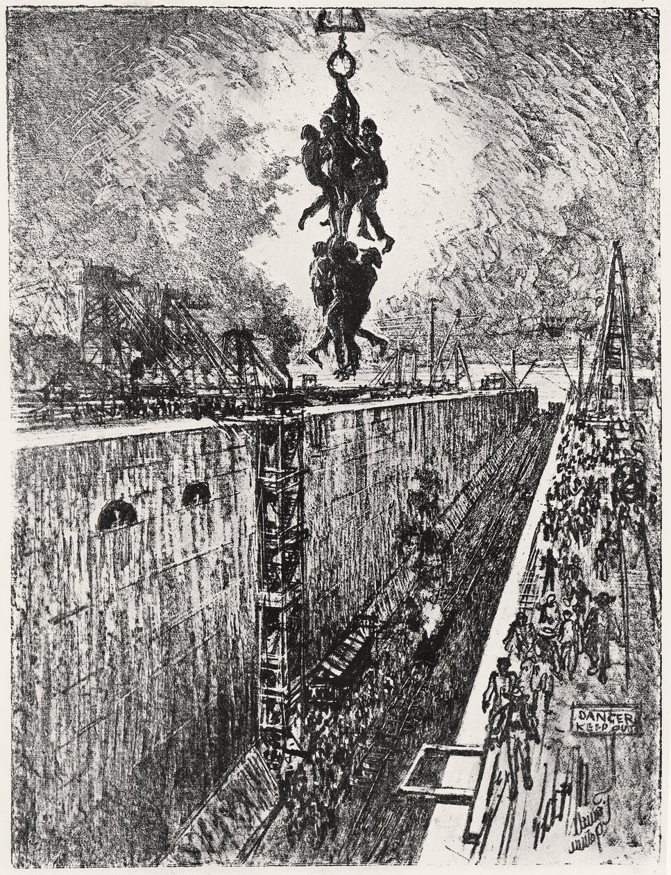 Slutt på dagen: Gatun Lock, plate VII fra 'The Panama Canal' av Joseph Pennell av Joseph Pennell