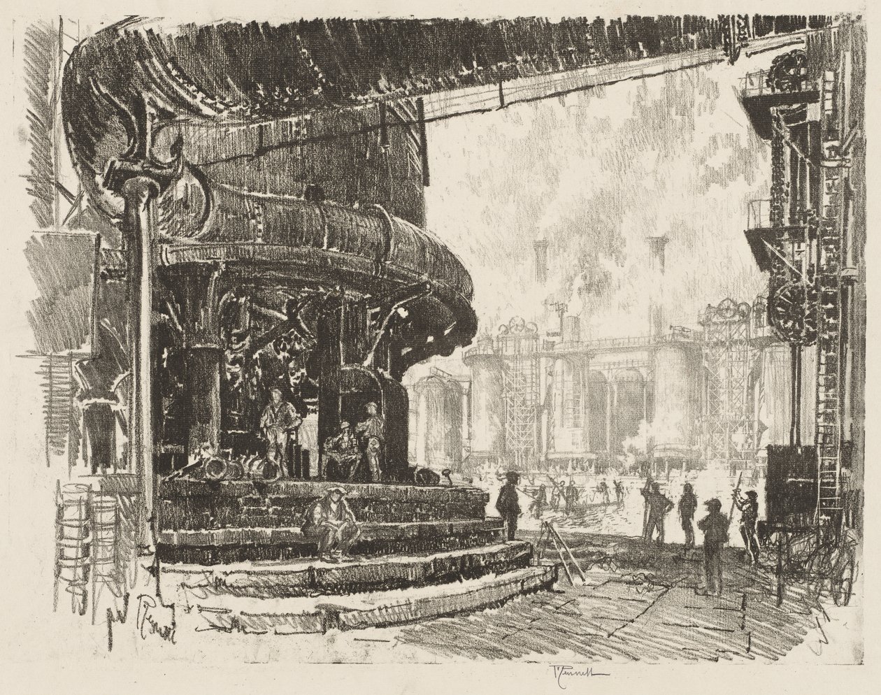 Engelsk krigsarbeid: Making Pig Iron, The Base of the Blast Furnaces av Joseph Pennell