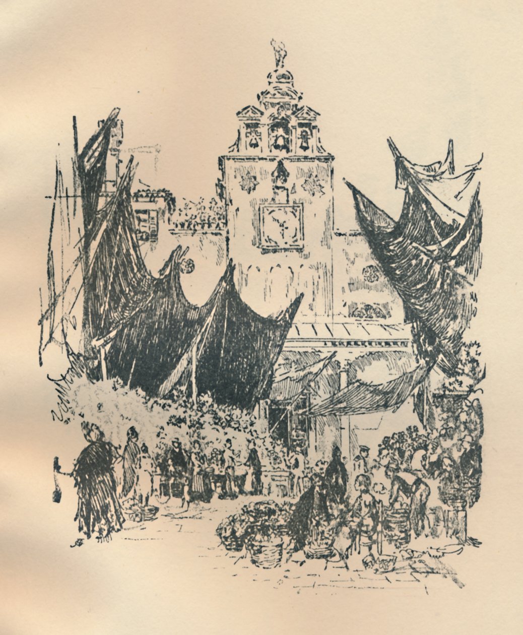 Blomstermarked, Venezia, slutten av 1800-tallet - begynnelsen av 1900-tallet, 1925. av Joseph Pennell