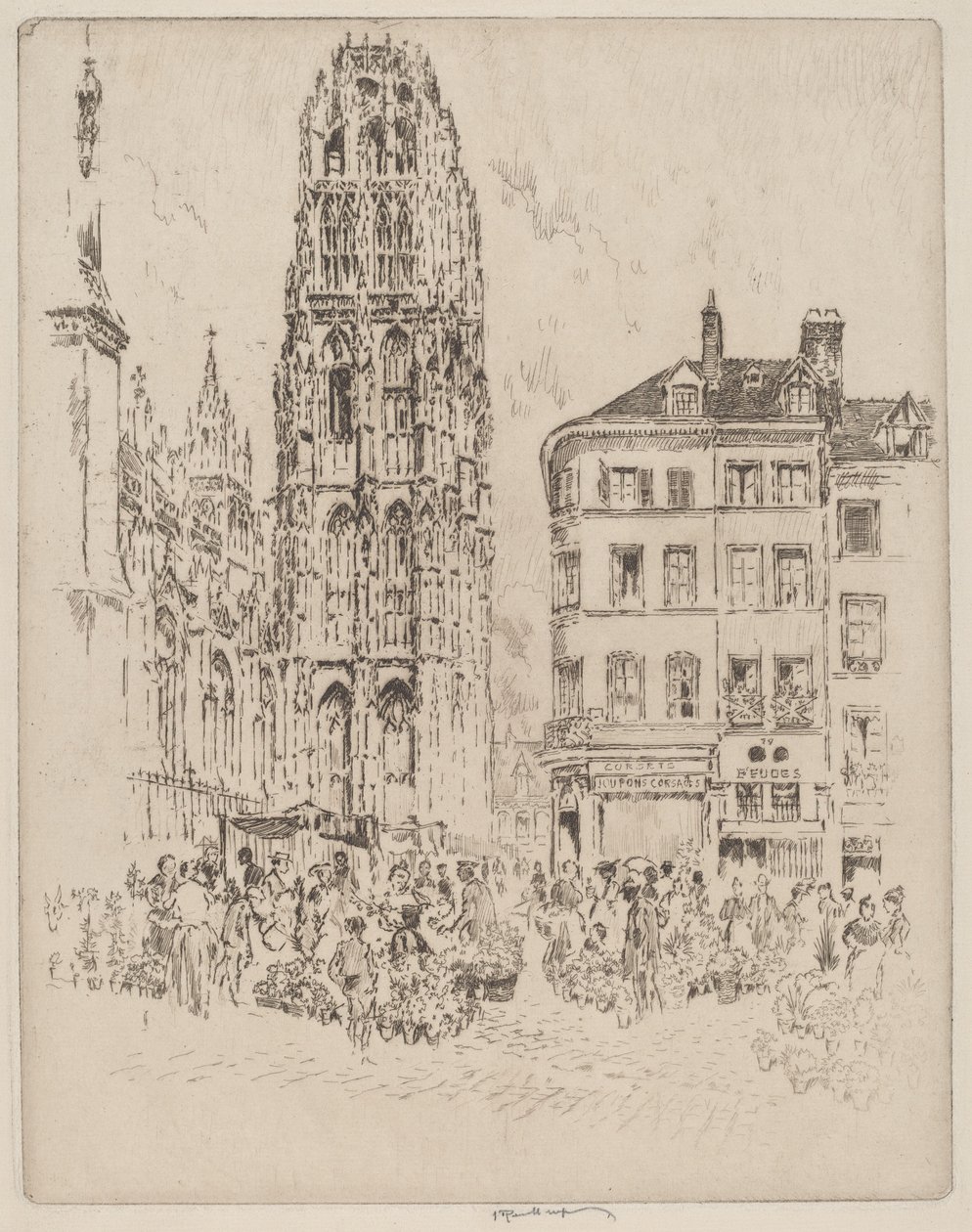 Blomstermarkedet og smørtårnet, Rouen av Joseph Pennell