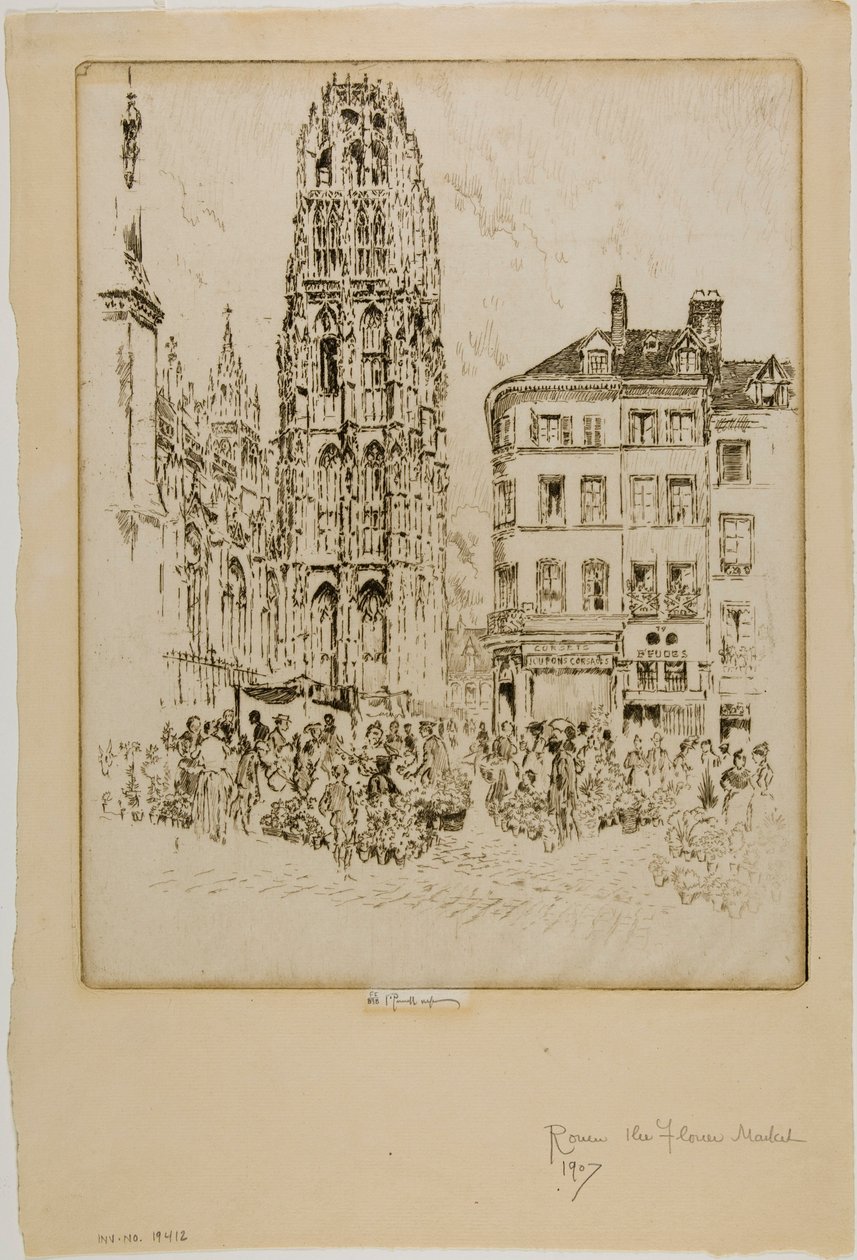 Blomstermarkedet og smørtårnet, Rouen av Joseph Pennell