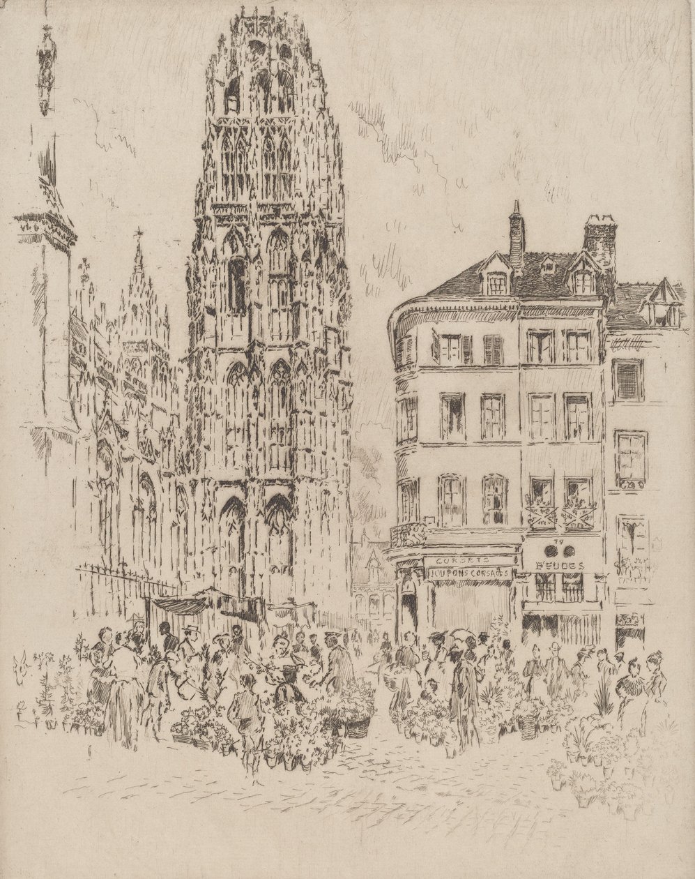 Blomstermarked og smørtårn, Rouen, 1907. av Joseph Pennell