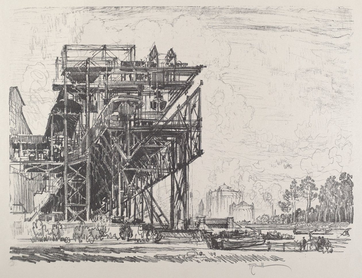 Gassverk fra kanalen, Berlin, 1921. av Joseph Pennell