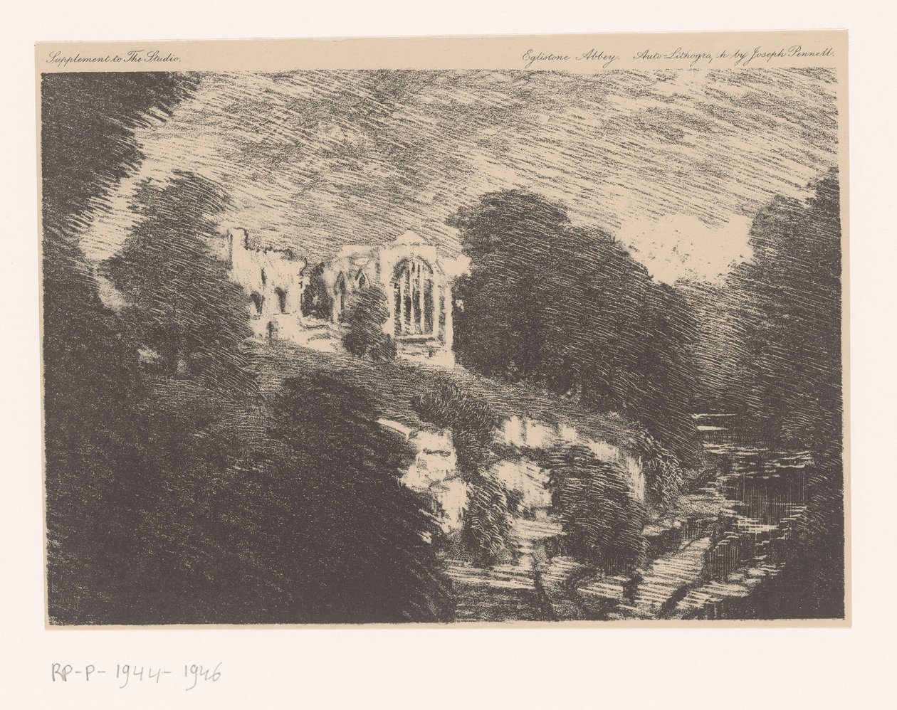 Utsikt over Egglestone Abbey, sett fra Tees Eglistone Abbey (tittel på objekt) av Joseph Pennell