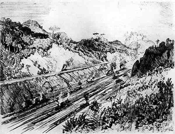 In the Cut at Las Cascades, plate XII fra Panamakanalen av Joseph Pennell, 1912 (kull på papir) av Joseph Pennell