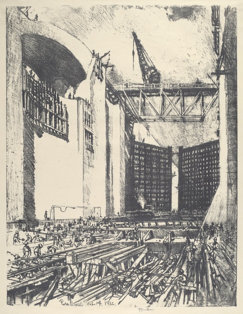 Legger gulvet til Pedro Muguel Lock, 1912. av Joseph Pennell