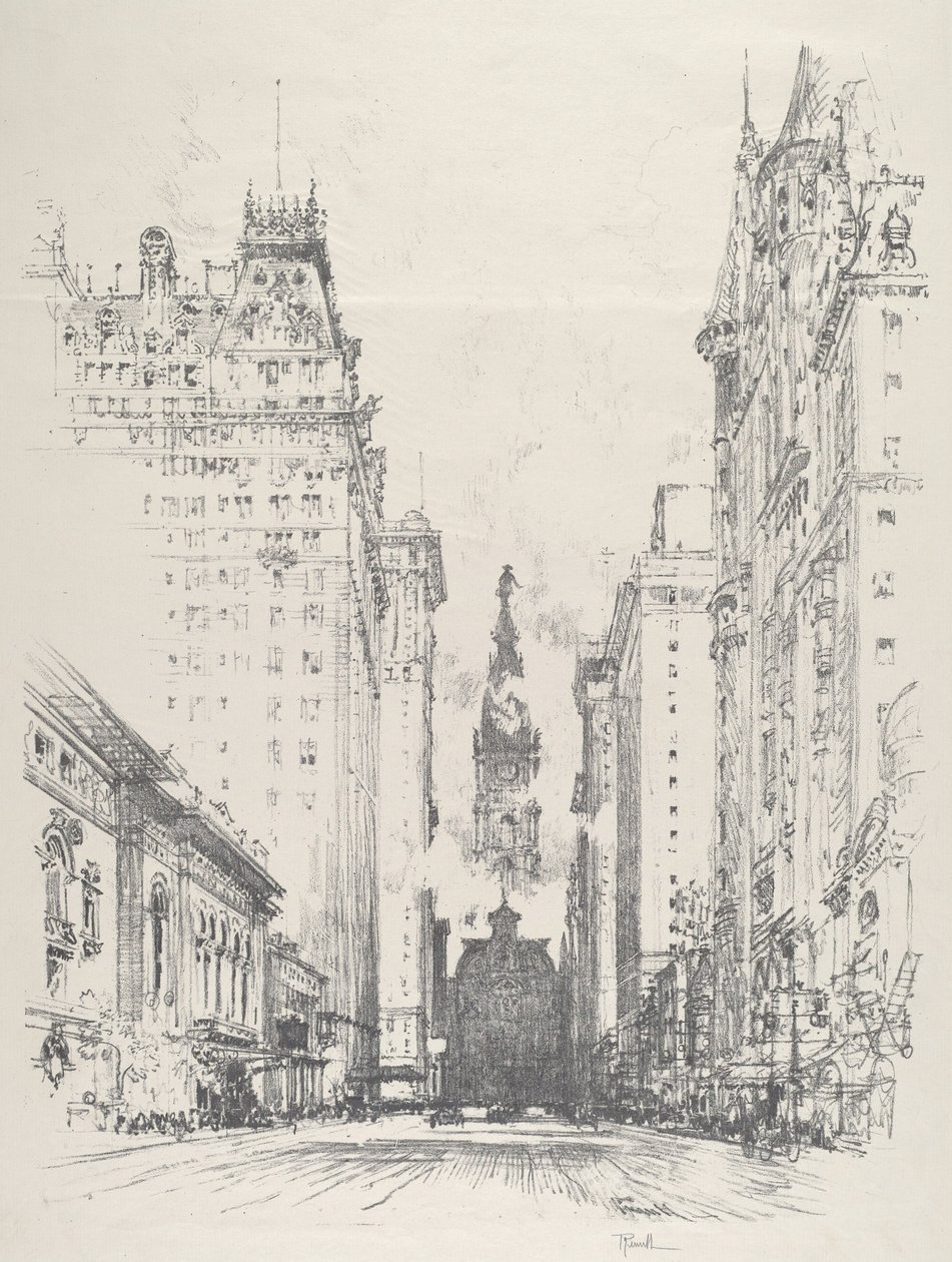 Utsikt opp Broad Street fra Spruce Street av Joseph Pennell