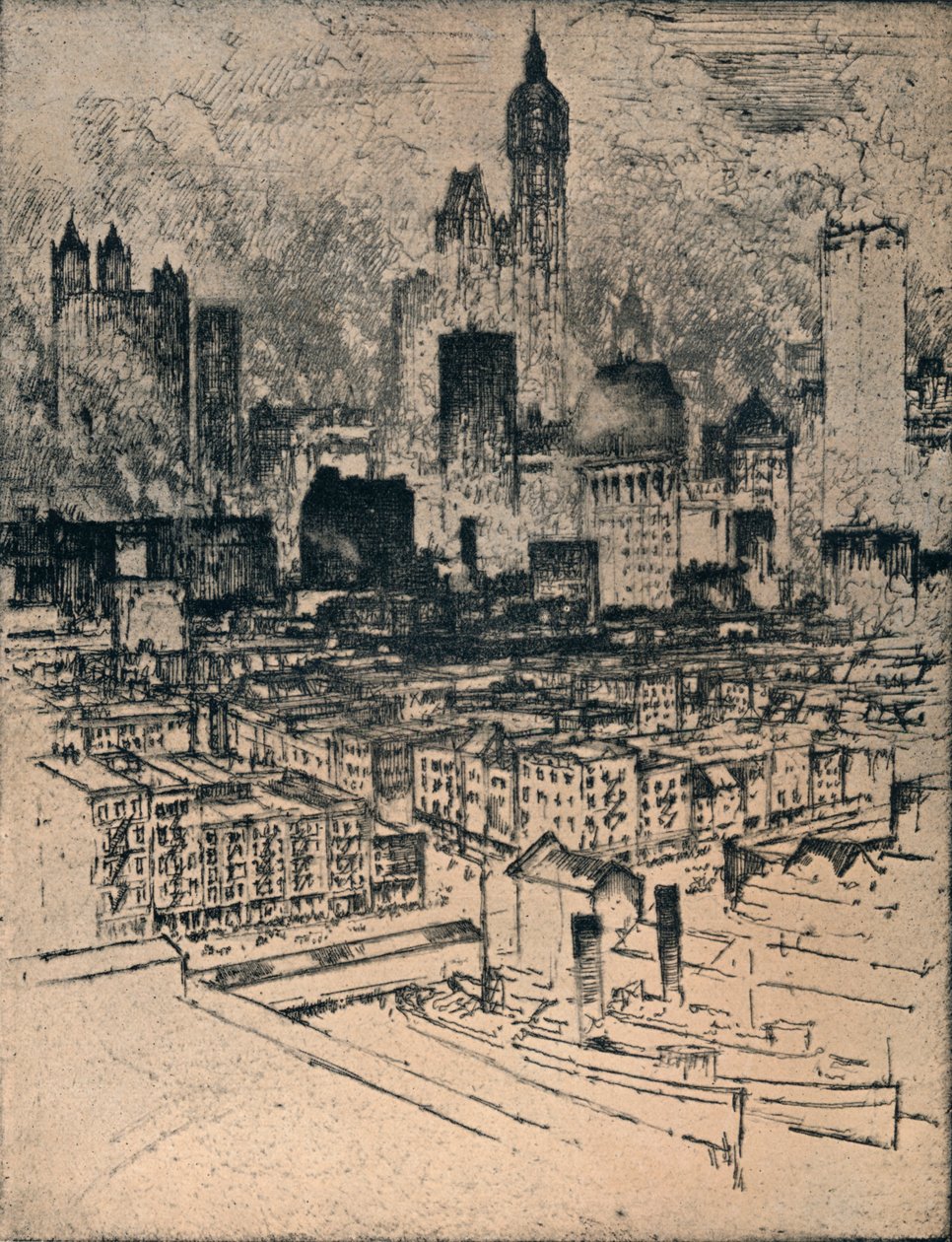 New York Fra Brooklyn Bridge, c1908 av Joseph Pennell