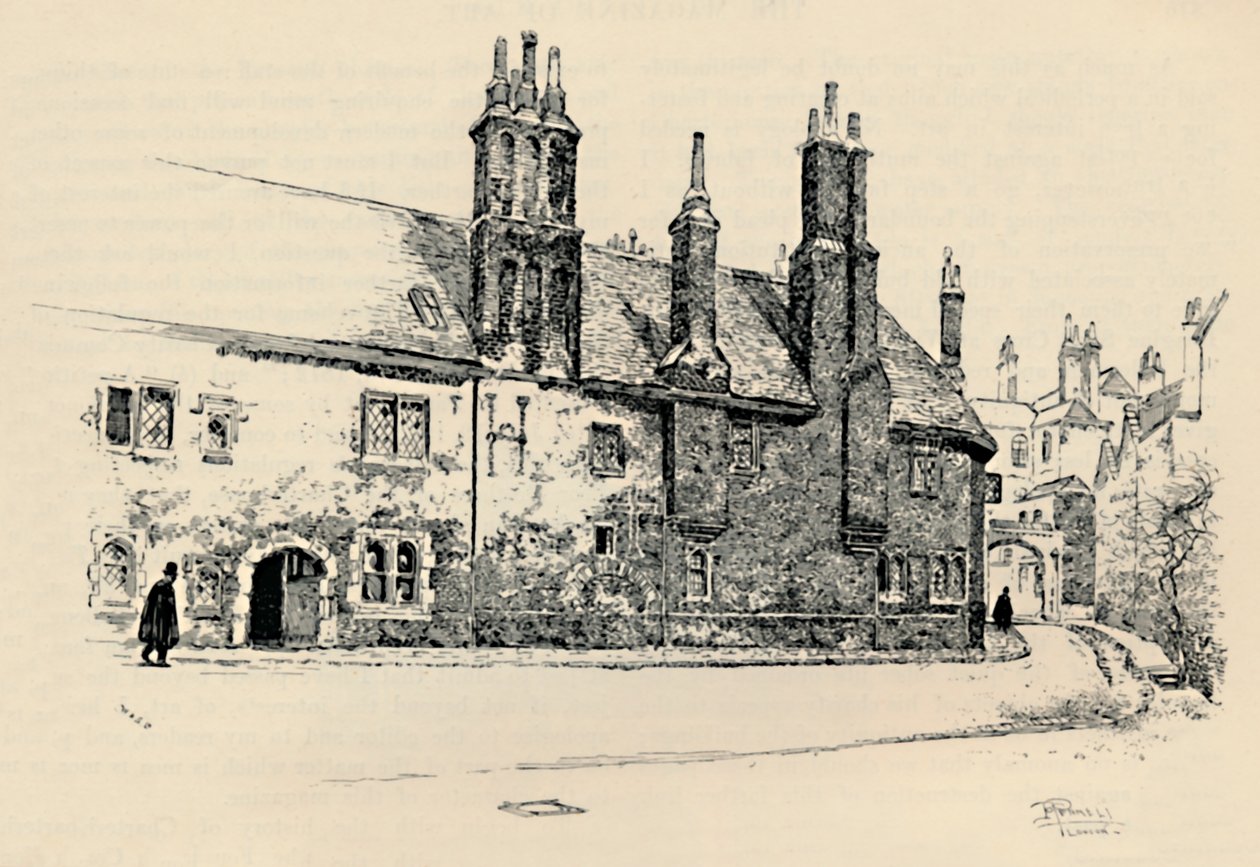Old Charterhouse: Utvendig fasade av Washhouse Court, med den indre porten, 1886 av Joseph Pennell