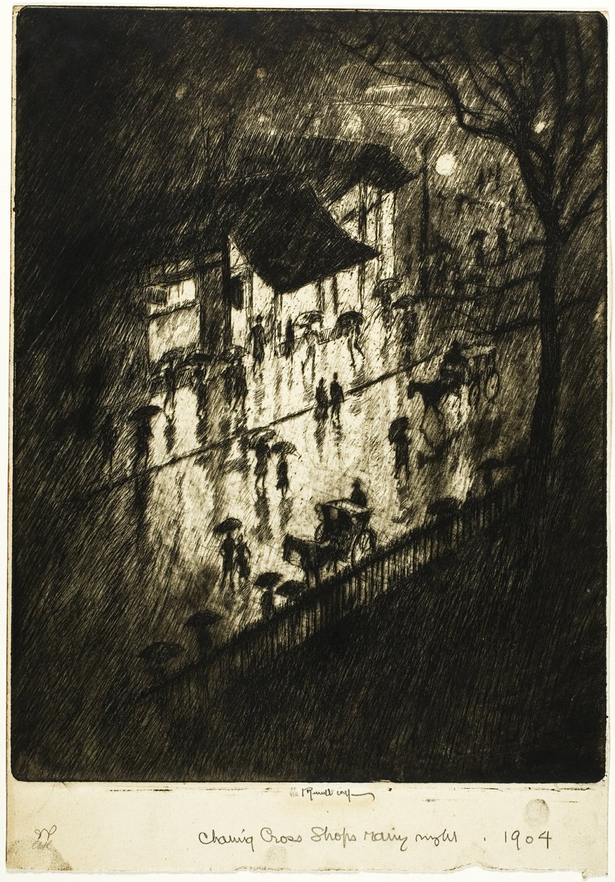 Regnfull natt, Charing Cross-butikker av Joseph Pennell