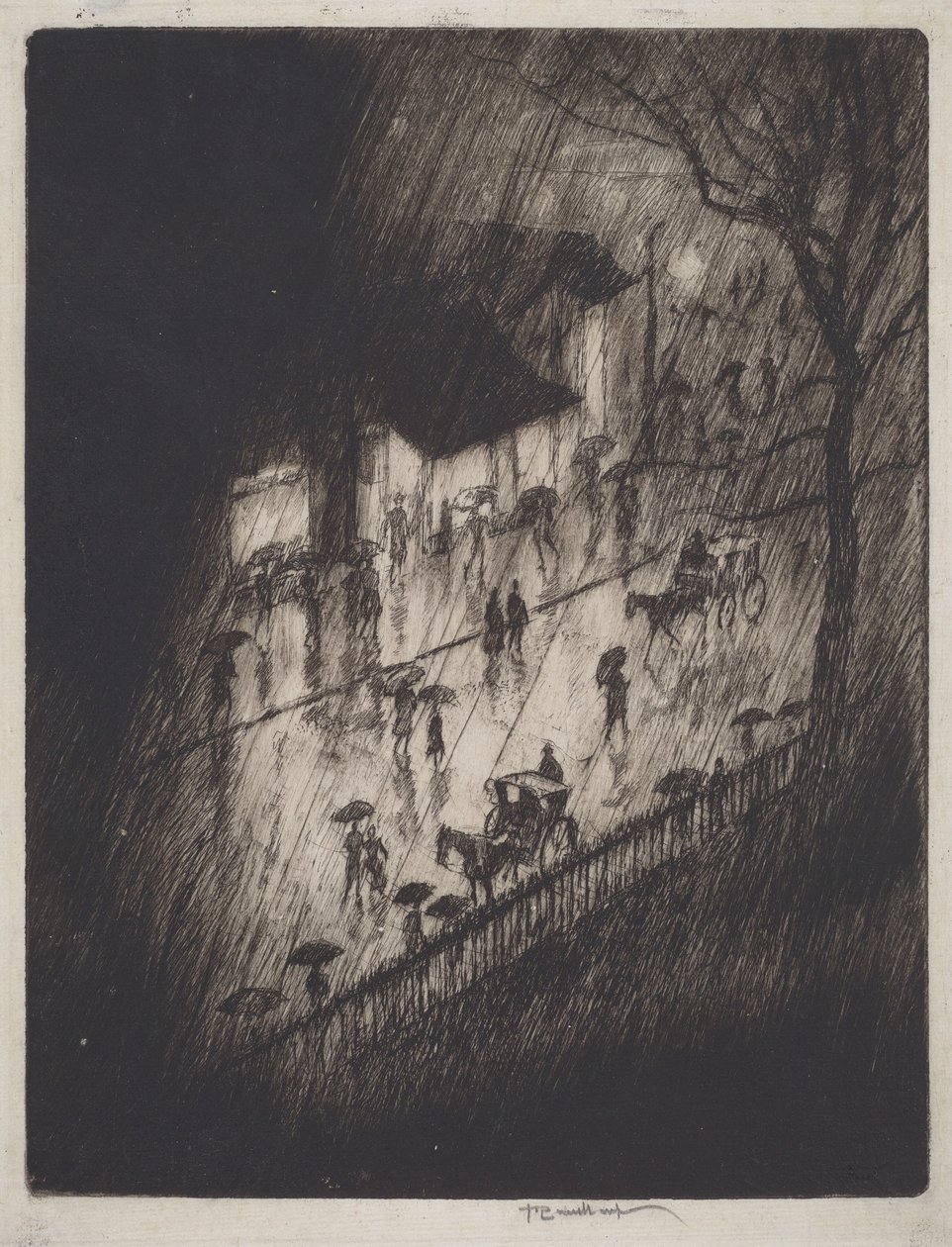 Regnfull natt, butikker ved Charing Cross av Joseph Pennell