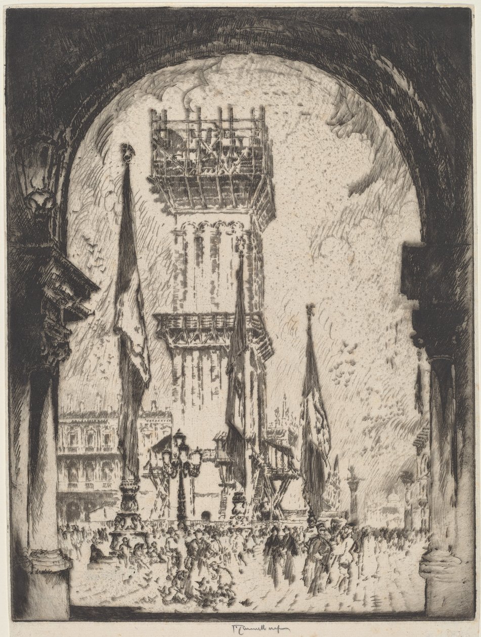Gjenoppbygging av Campanile, Venezia, No.I av Joseph Pennell