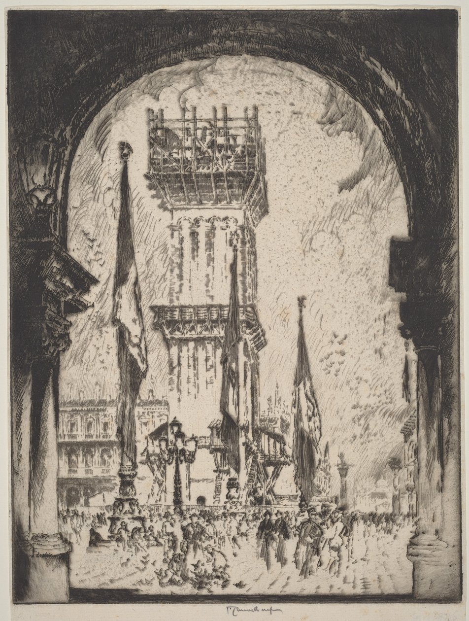 Gjenoppbygging av kampanilen, Venezia, nr. I av Joseph Pennell
