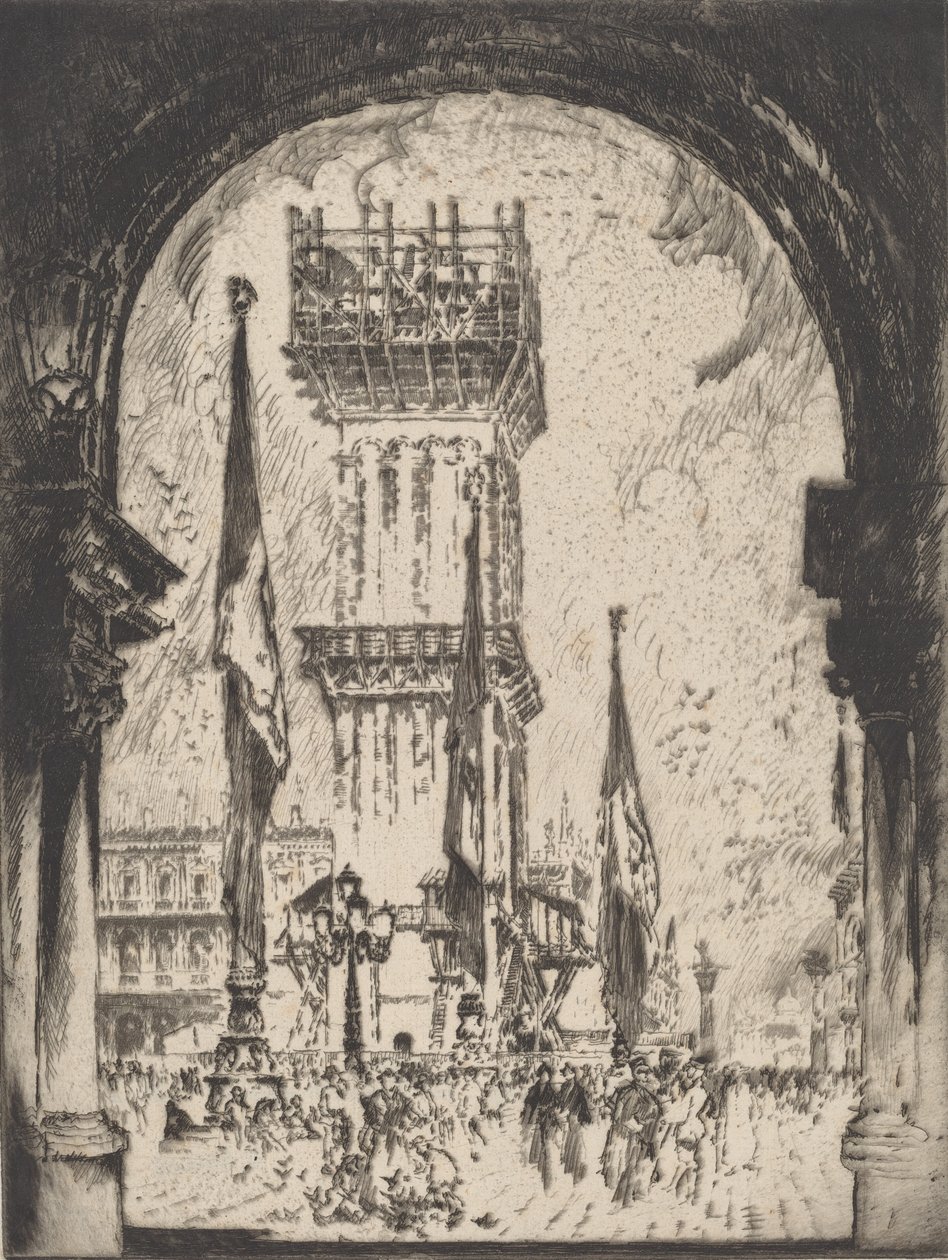 Gjenoppbygging av Campanile, Venezia, No.I, 1911. av Joseph Pennell
