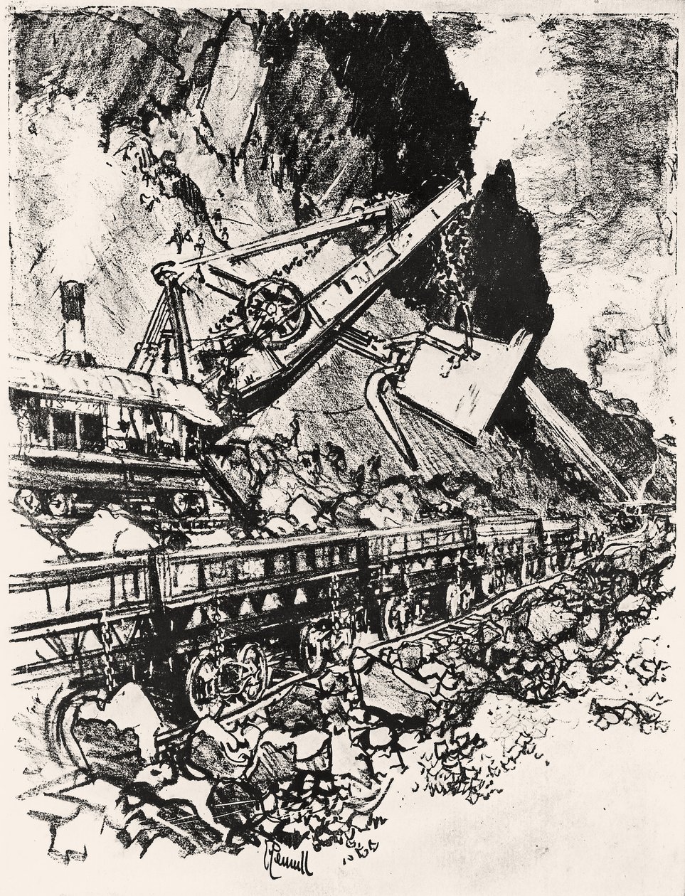 Steam Shovel Work: Culebra Cut, plate XIV fra Panamakanalen av Joseph Pennell, 1912 (kull på papir) av Joseph Pennell