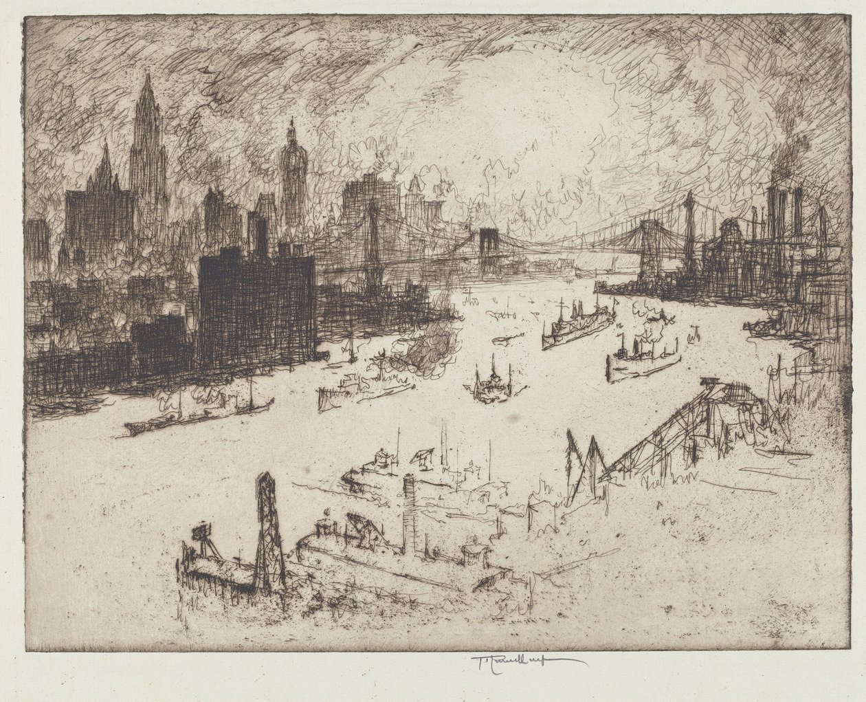 Solnedgang, fra Williamsburg Bridge av Joseph Pennell
