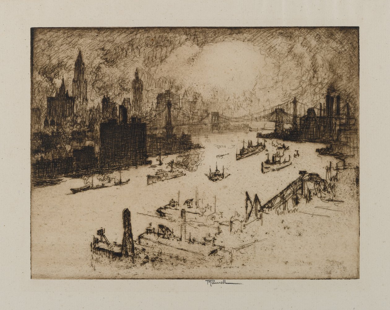 Solnedgang fra Williamsburg Bridge, 1915 av Joseph Pennell