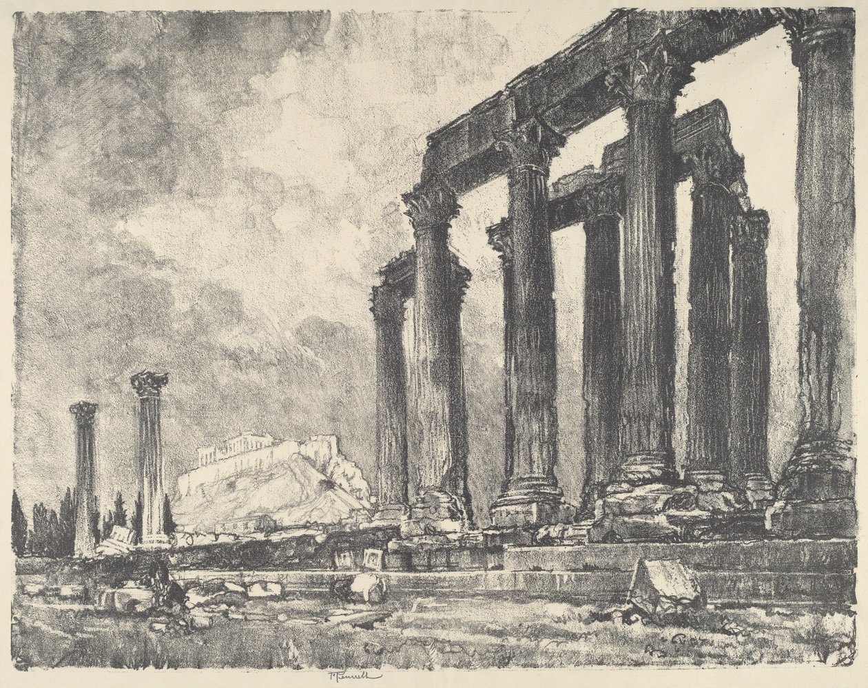 Akropolis sett fra Jupiter-tempelet, Athen av Joseph Pennell