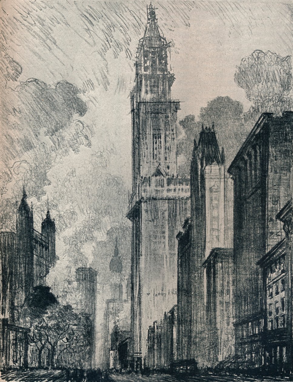 The Broadway and the Woolworth Building, New York, 1912 av Joseph Pennell