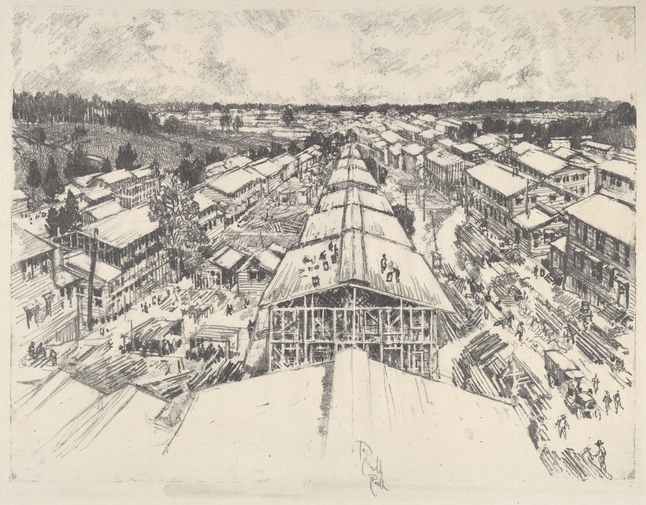 Leiren, den nye arkitekturen, 1917. av Joseph Pennell