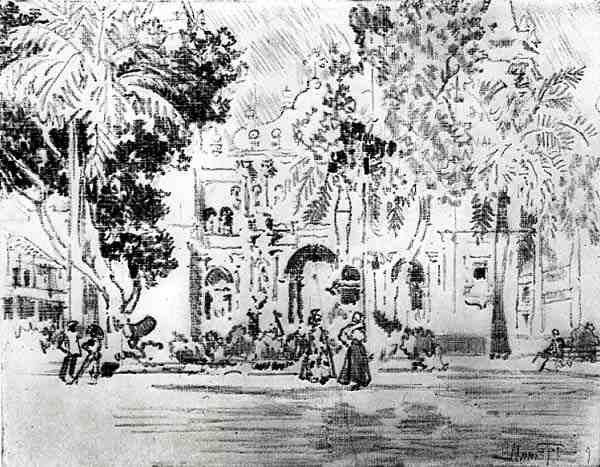 Katedralen, plate XXVI fra Panamakanalen av Joseph Pennell, 1912 (kull på papir) av Joseph Pennell