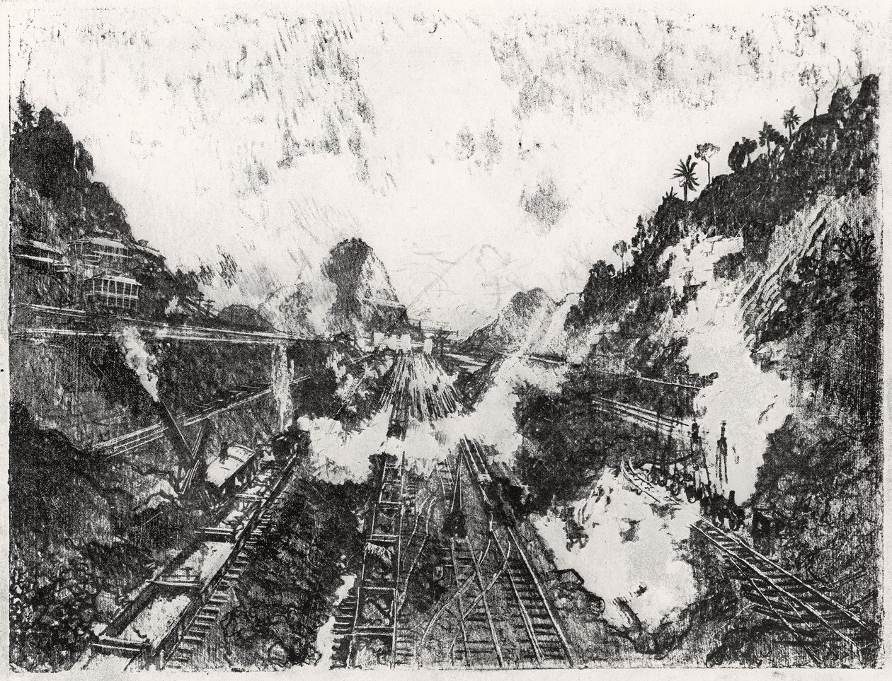 The Cut Looking into Ancon Hill, plate XVII fra Panamakanalen av Joseph Pennell, 1912 (kull på papir) av Joseph Pennell