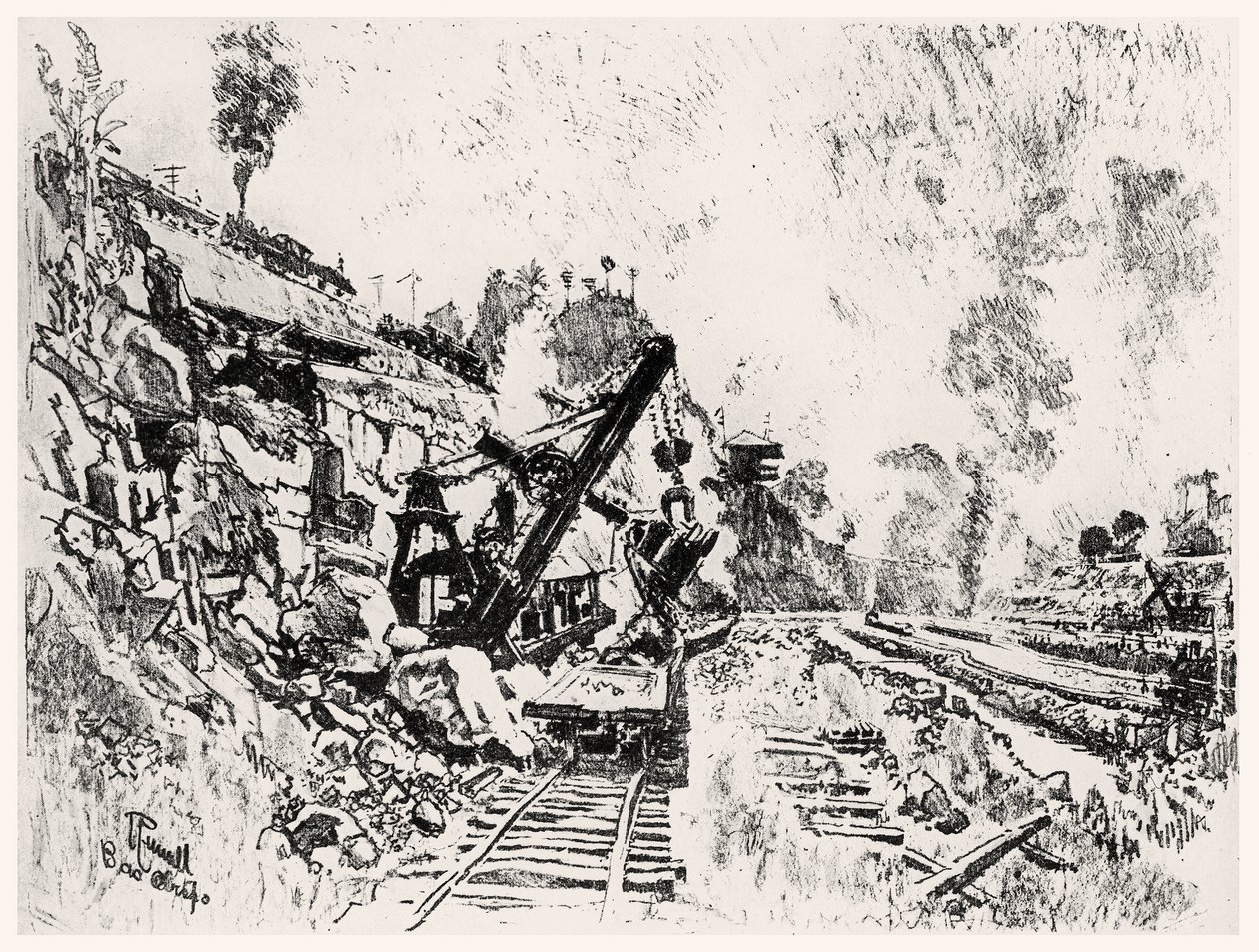 The Cut at Bas Obispo, plate XI fra Panamakanalen av Joseph Pennell, 1912 (kull på papir) av Joseph Pennell