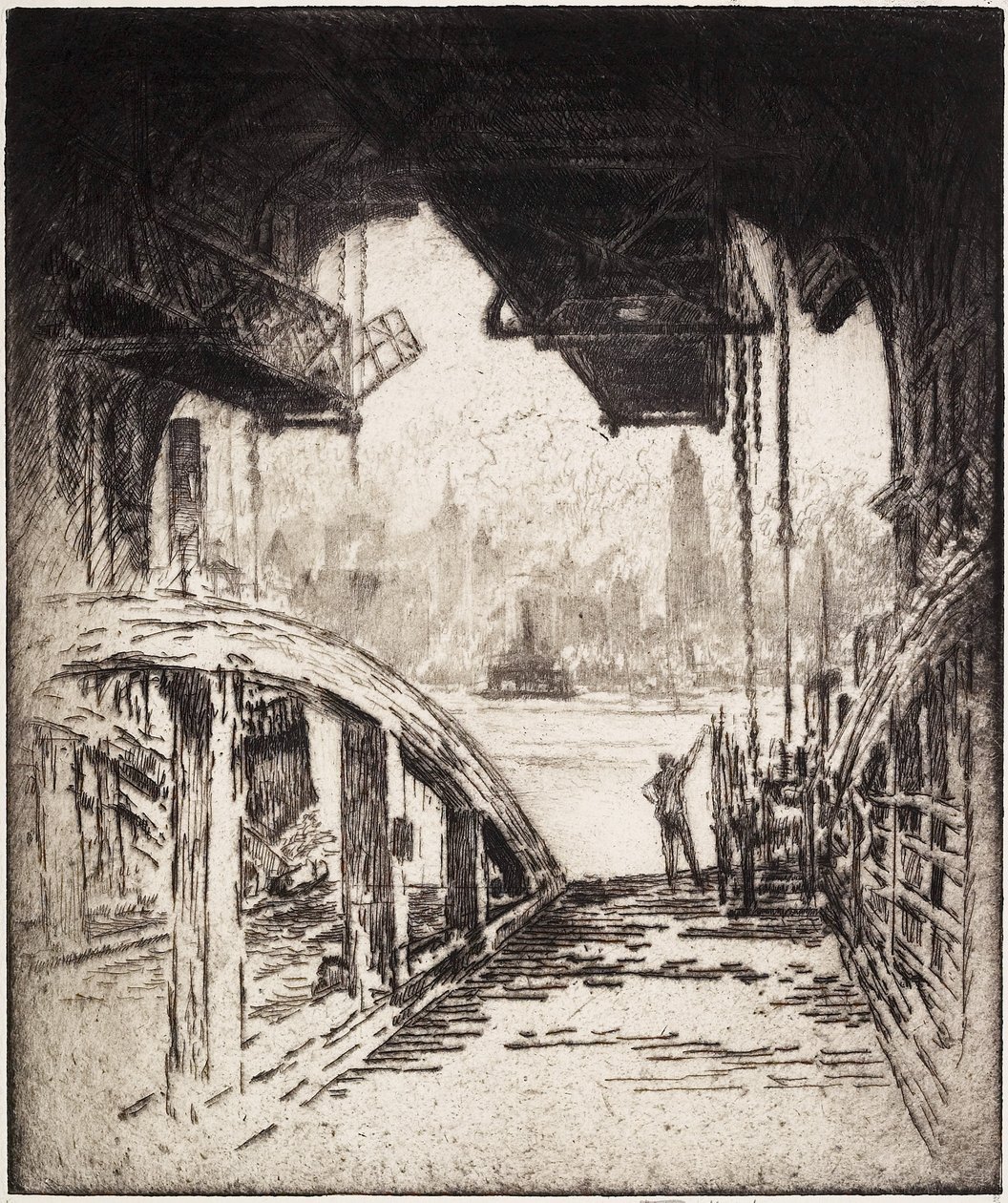 Fergehuset; Cortland Street Ferry fra Jersey City Side, 1919 av Joseph Pennell