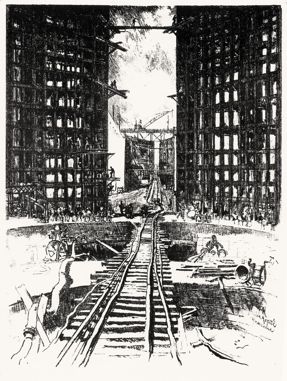 The Gates of Pedro Miguel, plate XIX fra Panamakanalen av Joseph Pennell, 1912 (kull på papir) av Joseph Pennell