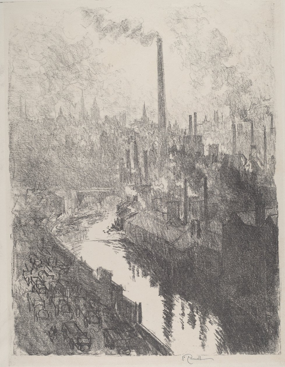 Den store skorsteinen, motorparken, 1916. av Joseph Pennell
