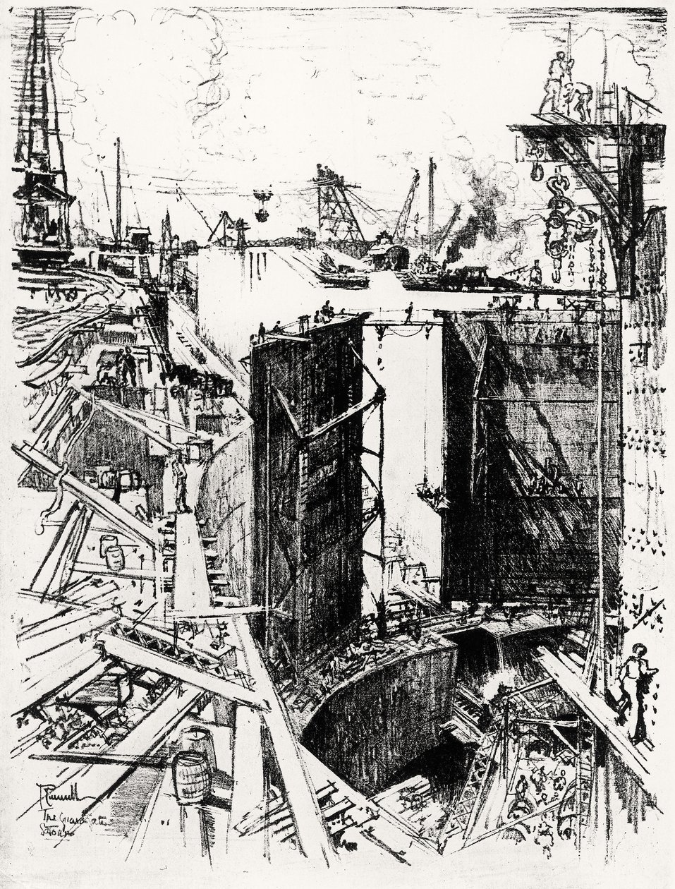 The Guard Gate at Gatun, plate V fra Panamakanalen av Joseph Pennell, 1912 (kull på papir) av Joseph Pennell